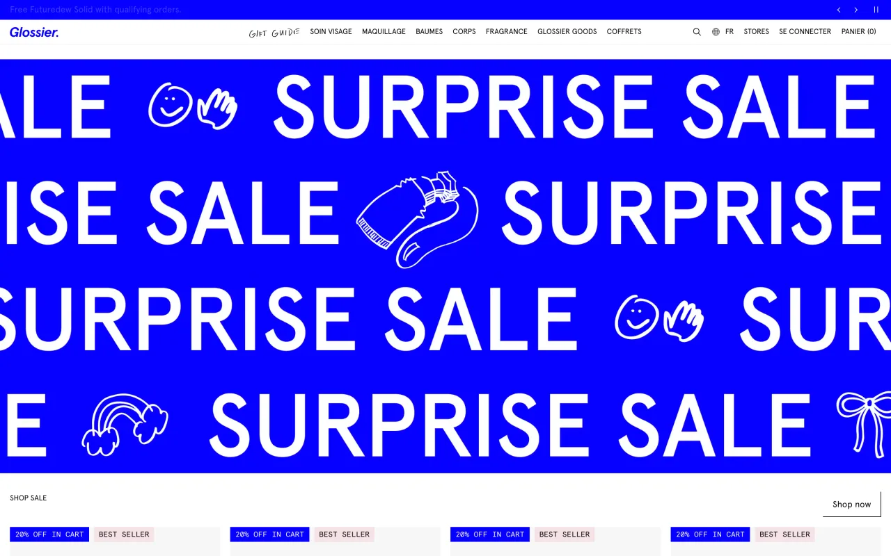 Page d’accueil du site Glossier, capture du 19 octobre 2026
