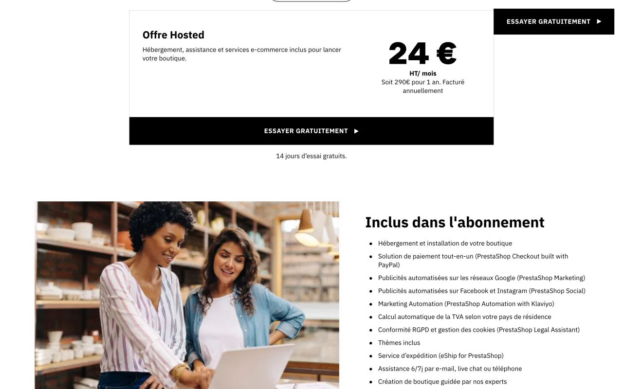 Page de l’offre PrestaShop Hosted affichant 24 euros HT par mois, soit 290 euros pour un an facturé annuellement, consultée le 19 octobre 2026