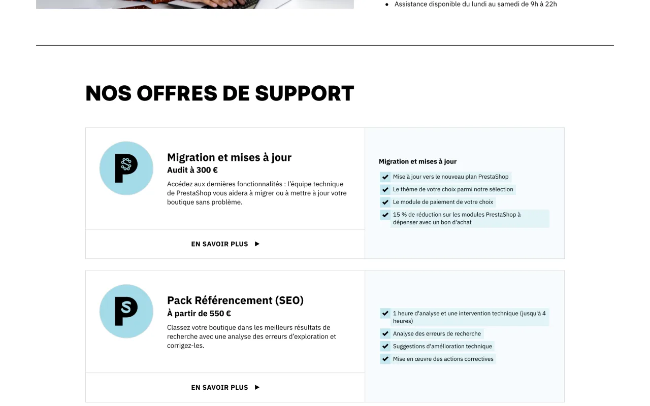Page des offres de support de PrestaShop affichant l’audit de migration et de mise à jour à 300 euros et le pack référencement à partir de 550 euros, consultée le 19 octobre 2026