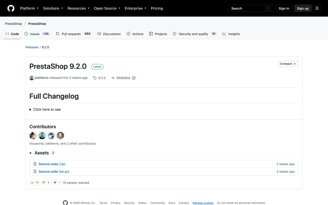 Page des versions publiées de PrestaShop sur GitHub, avec la version 9.2.0 du 30 septembre 2026, consultée le 19 octobre 2026