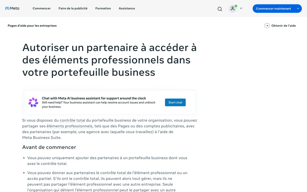 Aide Meta Business expliquant comment autoriser un partenaire, comme une agence, à accéder aux Pages et comptes publicitaires d’un portefeuille business, consultée le 19 octobre 2026