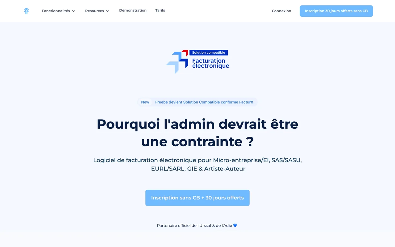 Page d'accueil de Freebe, logiciel de facturation électronique pour freelances