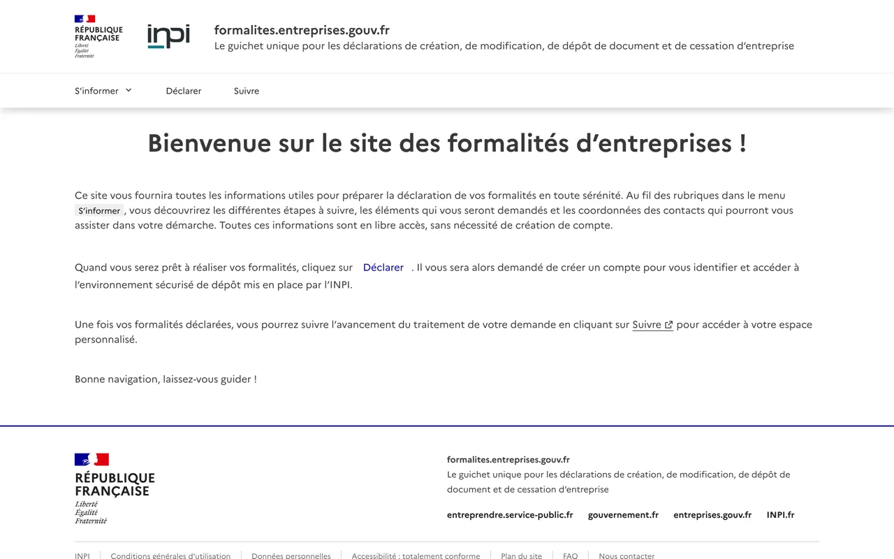 Page d'accueil du guichet unique formalites.entreprises.gouv.fr