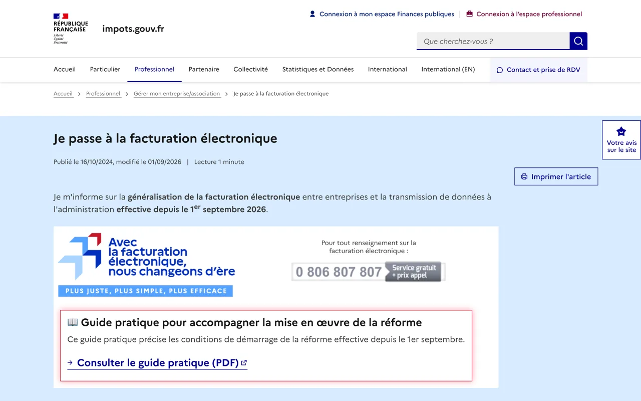 Page impots.gouv.fr Je passe à la facturation électronique, réforme effective depuis le 1er septembre 2026