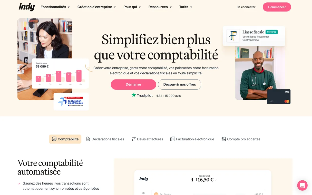Page d'accueil d'Indy, comptabilité des indépendants