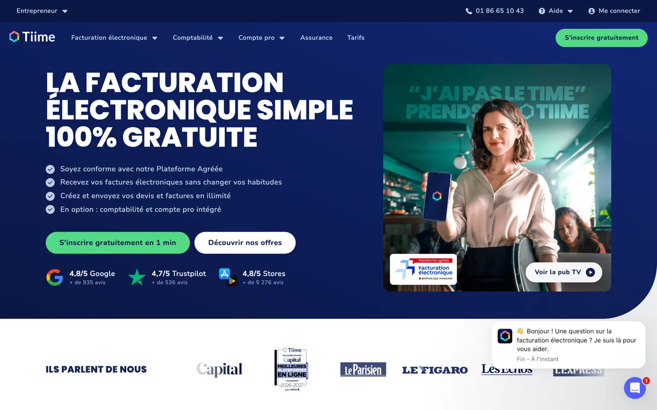 Page d'accueil de Tiime, facturation électronique gratuite