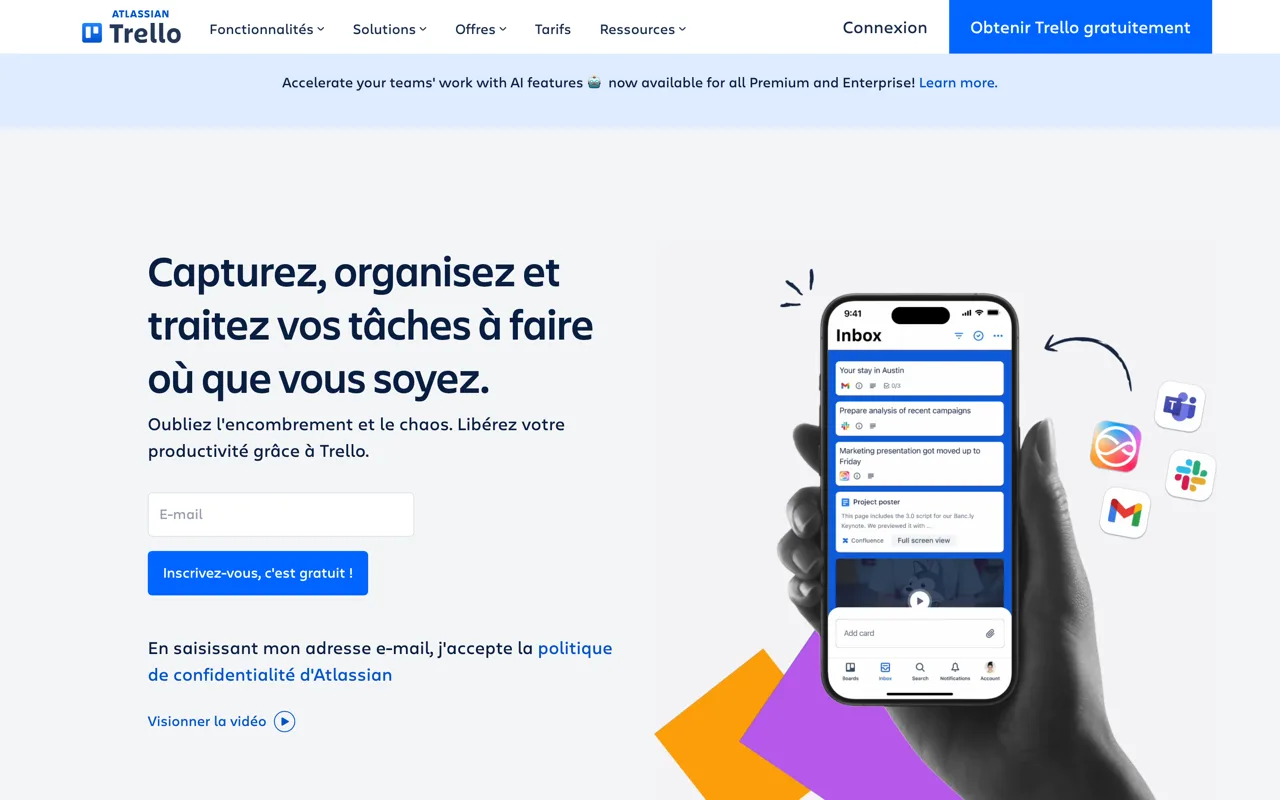 Page d'accueil de Trello en français