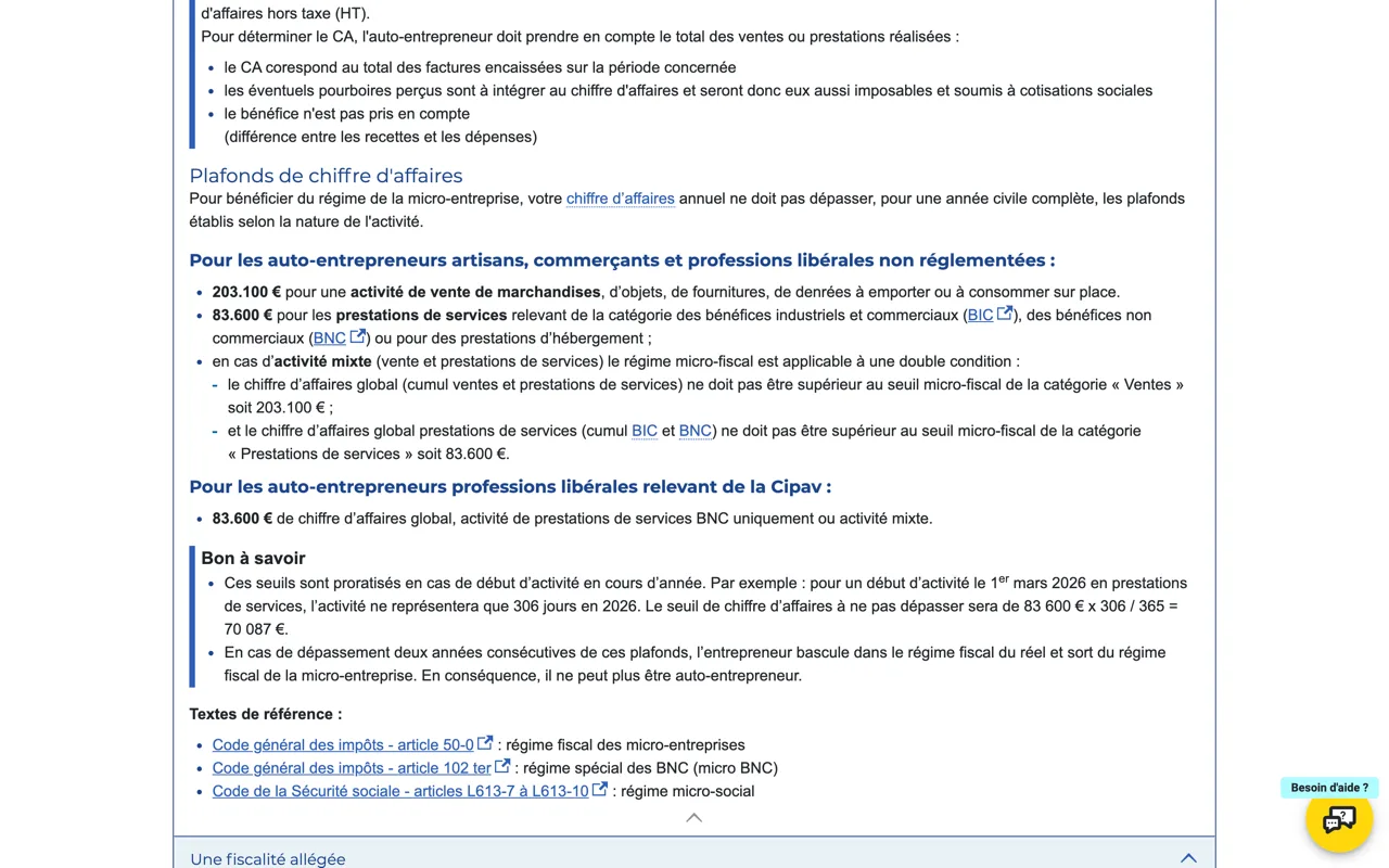 Page Urssaf affichant les plafonds de chiffre d'affaires de l'auto-entrepreneur : 203 100 euros en vente, 83 600 euros en prestations de services