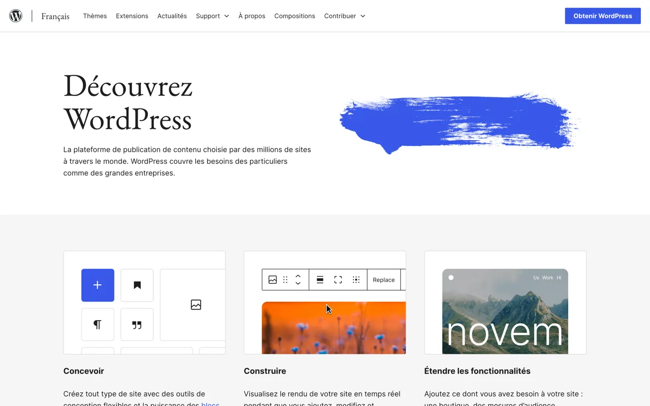 Page d'accueil de WordPress en français