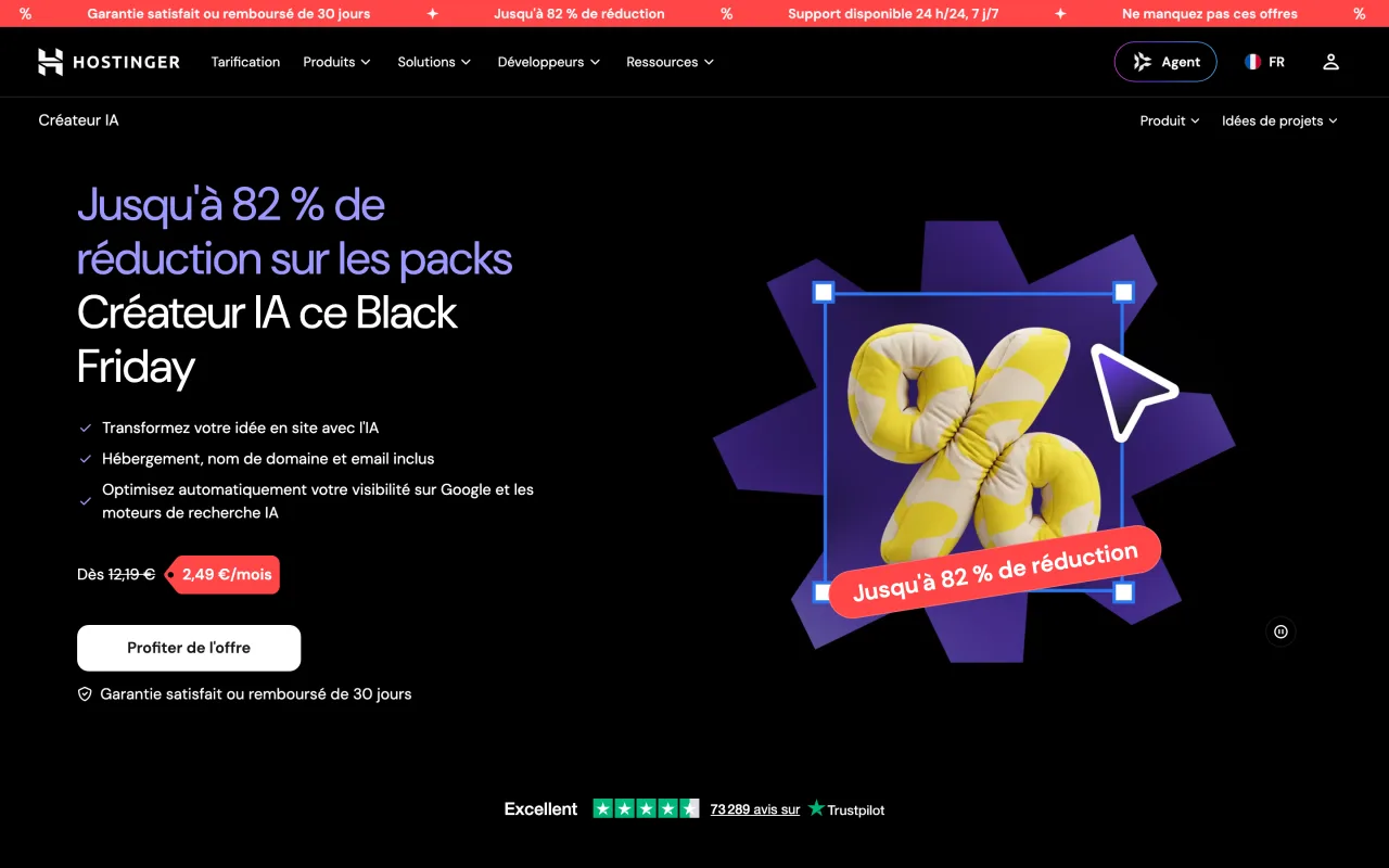 Page du créateur de site IA Hostinger affichant une offre dès 2,49 euros par mois, capture du 19 octobre 2026