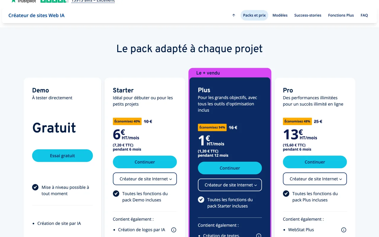 Packs du créateur de sites web IA IONOS, Demo gratuit, Starter 6 euros HT, Plus 1 euro HT et Pro 13 euros HT par mois, capture du 19 octobre 2026