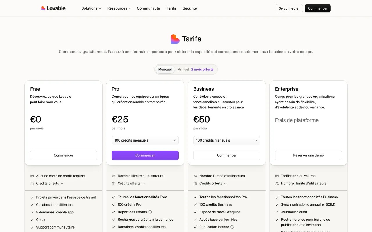 Page des tarifs Lovable en paiement mensuel, Free à 0 euro, Pro à 25 euros et Business à 50 euros par mois, capture du 19 octobre 2026