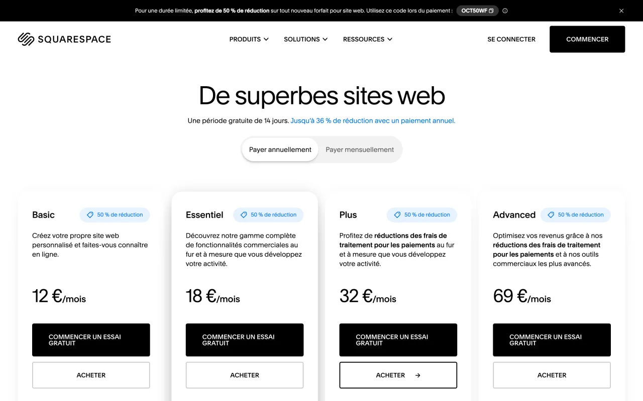 Grille tarifaire Squarespace en paiement annuel, Basic 12 euros, Essentiel 18 euros, Plus 32 euros et Advanced 69 euros par mois, capture du 19 octobre 2026