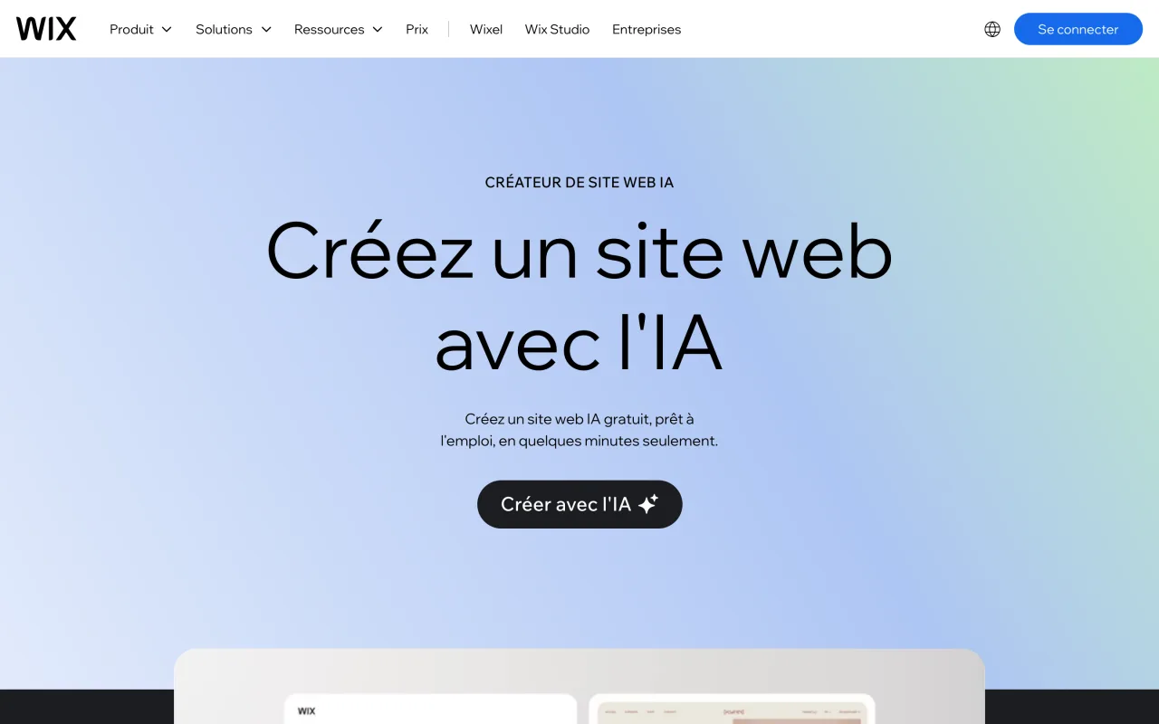 Page du créateur de site web IA de Wix, bouton Créer avec l’IA, capture du 19 octobre 2026