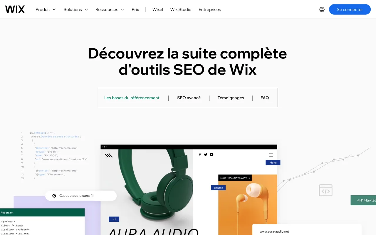 Page de présentation des outils SEO de Wix, capture du 19 octobre 2026