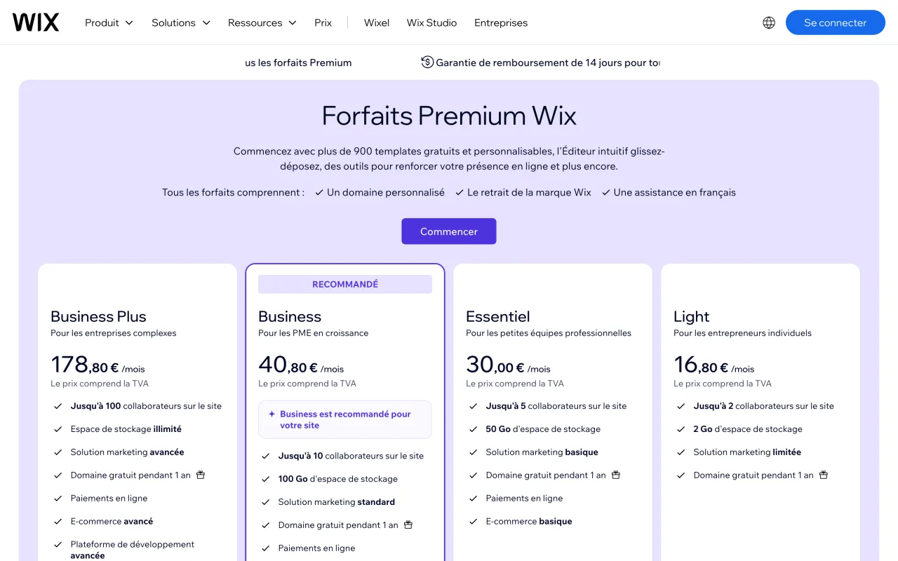 Page des forfaits Premium Wix avec Light à 16,80 euros, Essentiel à 30 euros, Business à 40,80 euros et Business Plus à 178,80 euros par mois TTC, capture du 19 octobre 2026