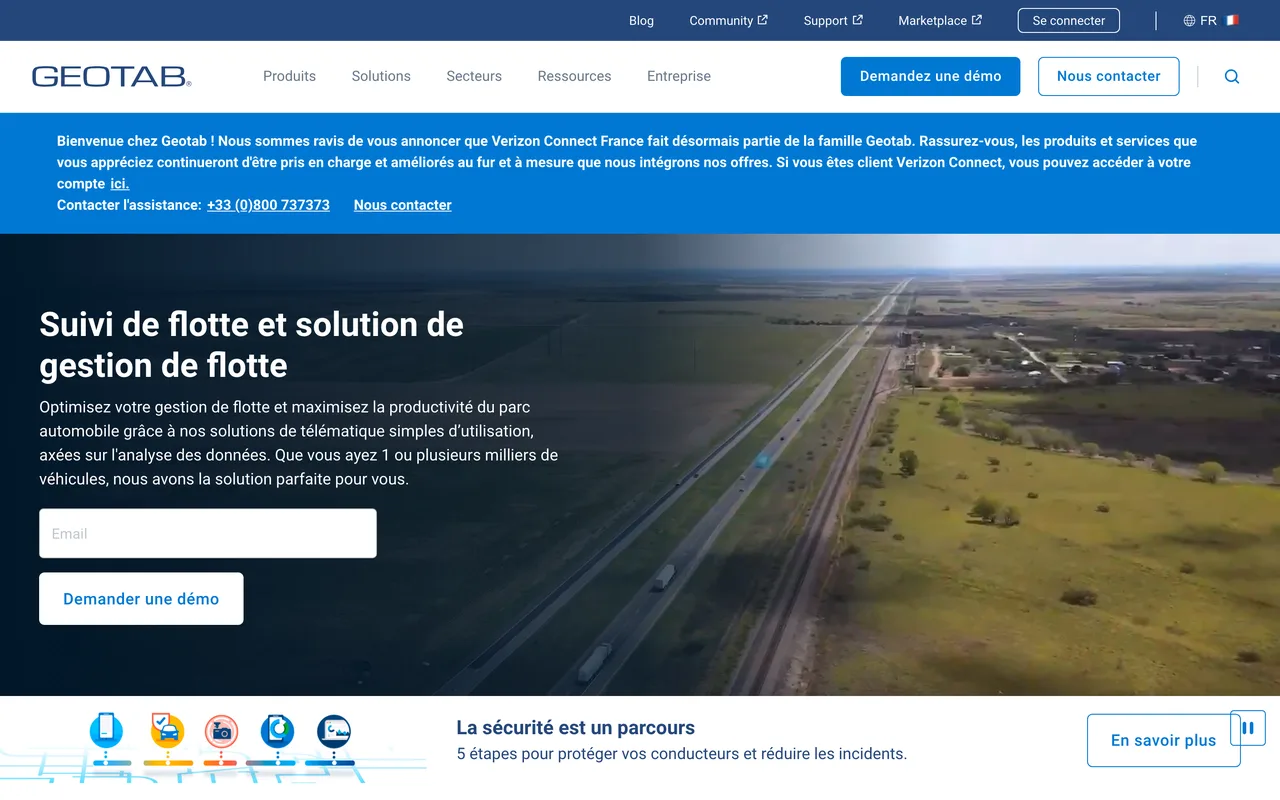 Page d'accueil française de Geotab annonçant que Verizon Connect France fait partie de Geotab, capture du 19/10/2026
