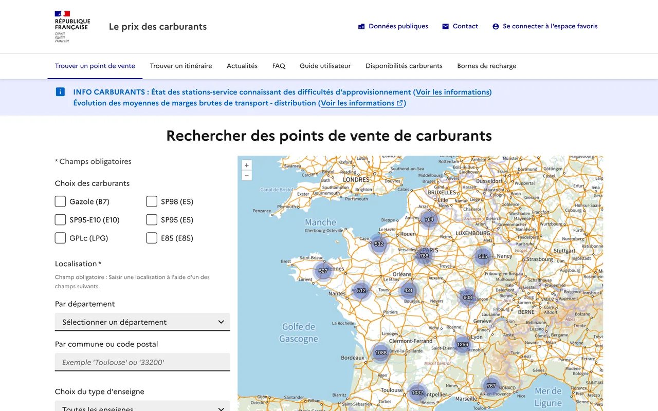 Site officiel prix-carburants.gouv.fr de recherche des points de vente de carburant, capture du 19/10/2026