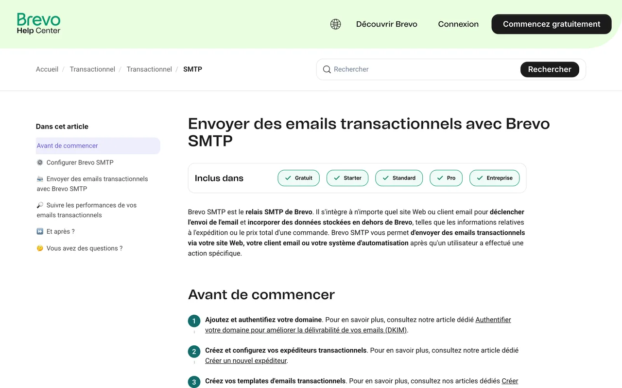 Article du centre d'aide Brevo sur l'envoi d'e-mails transactionnels avec Brevo SMTP, capture du 19/10/2026