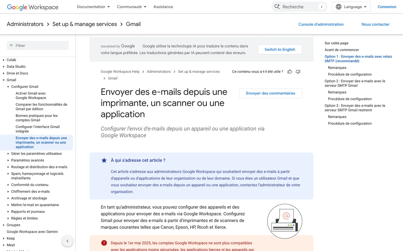 Page d'aide Google Workspace sur l'envoi d'e-mails depuis une application avec le serveur SMTP Gmail, capture du 19/10/2026