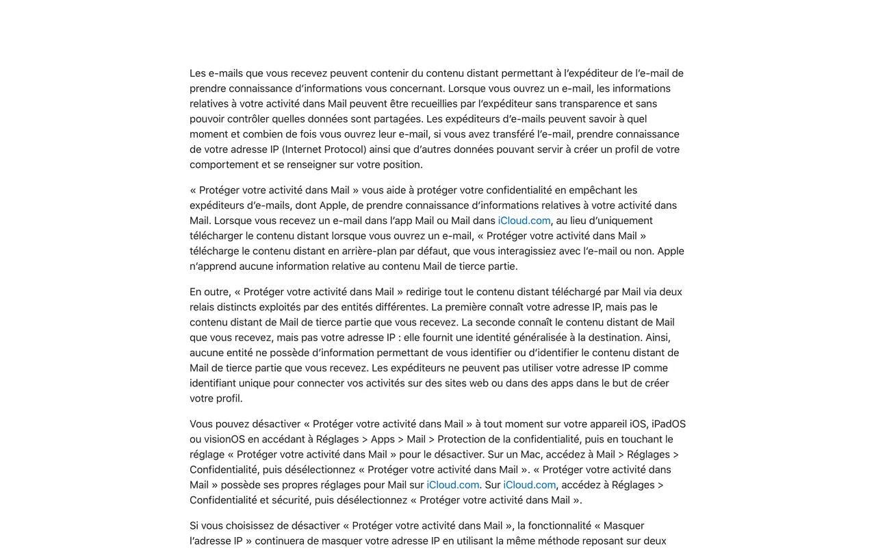 Page Apple expliquant que la protection de la confidentialité dans Mail télécharge le contenu distant en arrière-plan