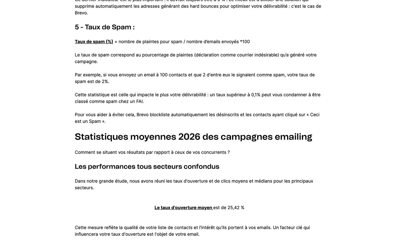 Article Brevo de juin 2026 indiquant un taux d'ouverture moyen de 25,42 %