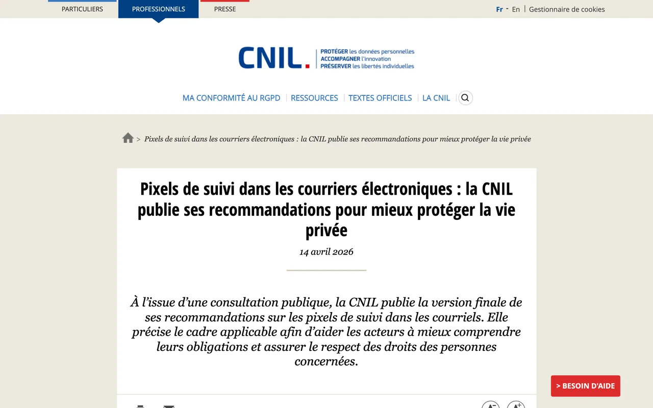 Page de la CNIL annonçant sa recommandation sur les pixels de suivi dans les courriers électroniques, publiée le 14 avril 2026