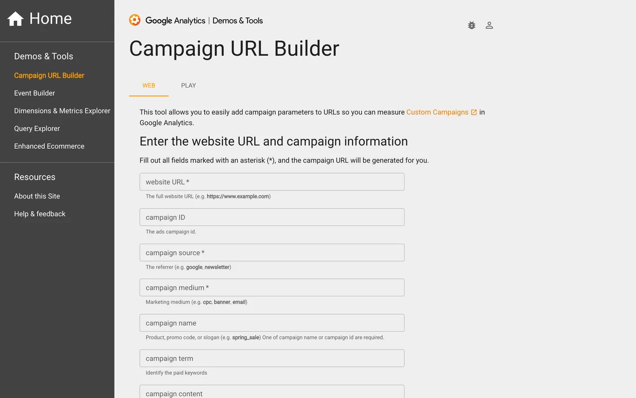 Générateur d'URL de campagne de Google Analytics 4 avec les champs source, medium et nom de campagne