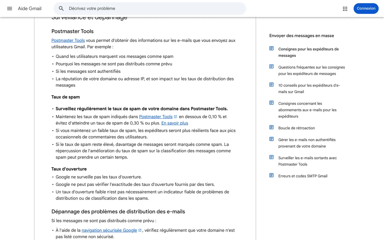 Consignes Google pour les expéditeurs : taux de spam sous 0,10 %, à ne jamais porter à 0,30 %, et Google ne surveille pas les taux d'ouverture