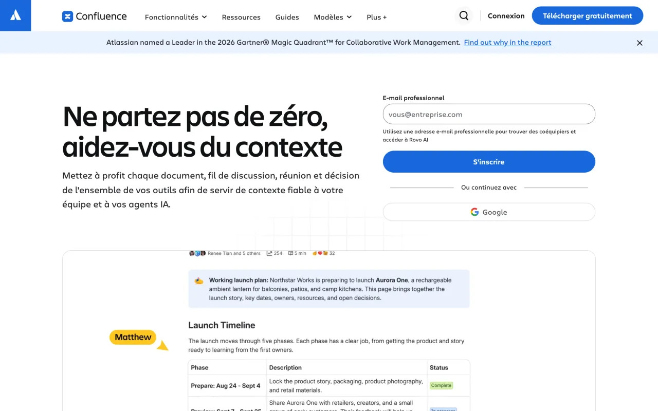Page d’accueil de Confluence d’Atlassian, espace de partage des connaissances et de collaboration, capture du 19/10/2026