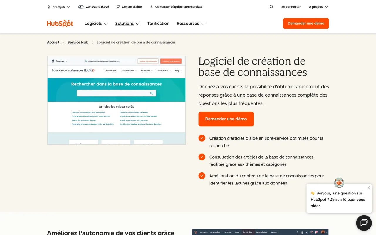 Page du logiciel de création de base de connaissances de HubSpot Service Hub, capture du 19/10/2026