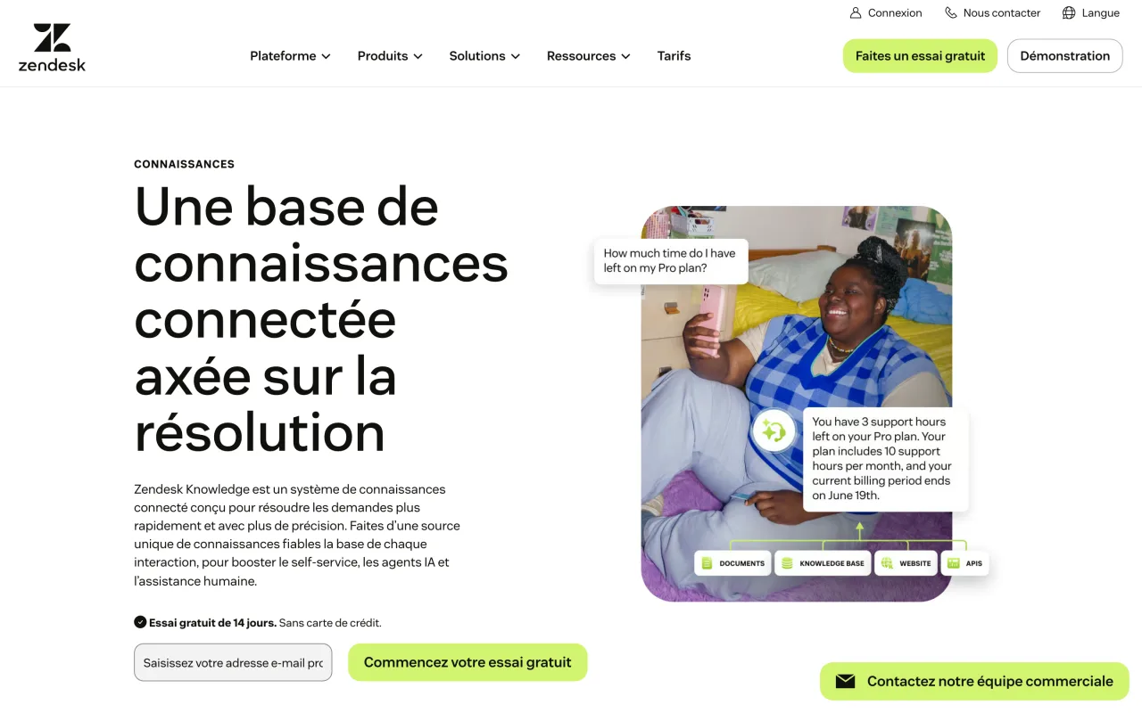 Page de présentation de Zendesk Knowledge, base de connaissances connectée axée sur la résolution, capture du 19/10/2026