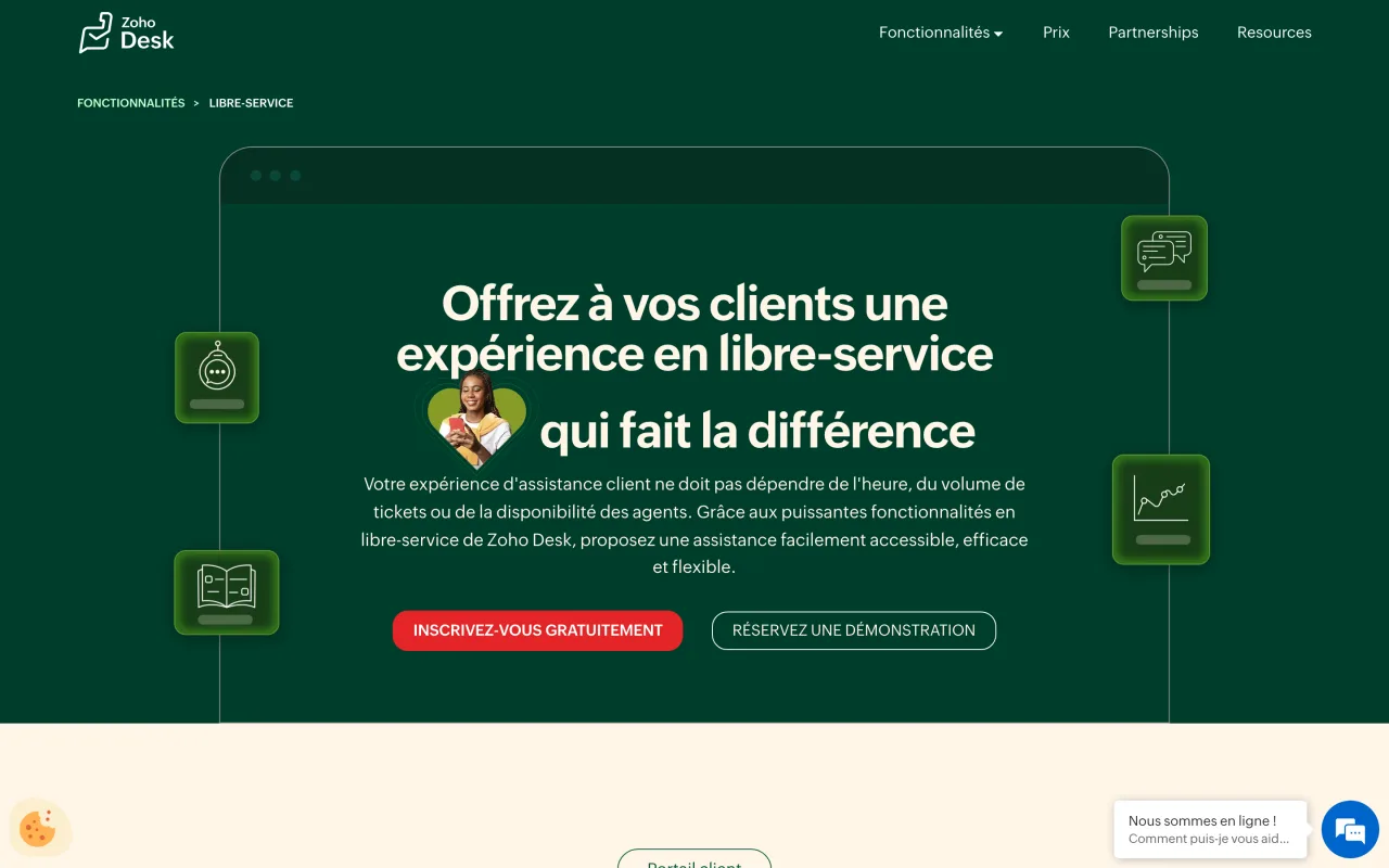 Page libre-service de Zoho Desk présentant le portail client et l’assistance en libre-service, capture du 19/10/2026
