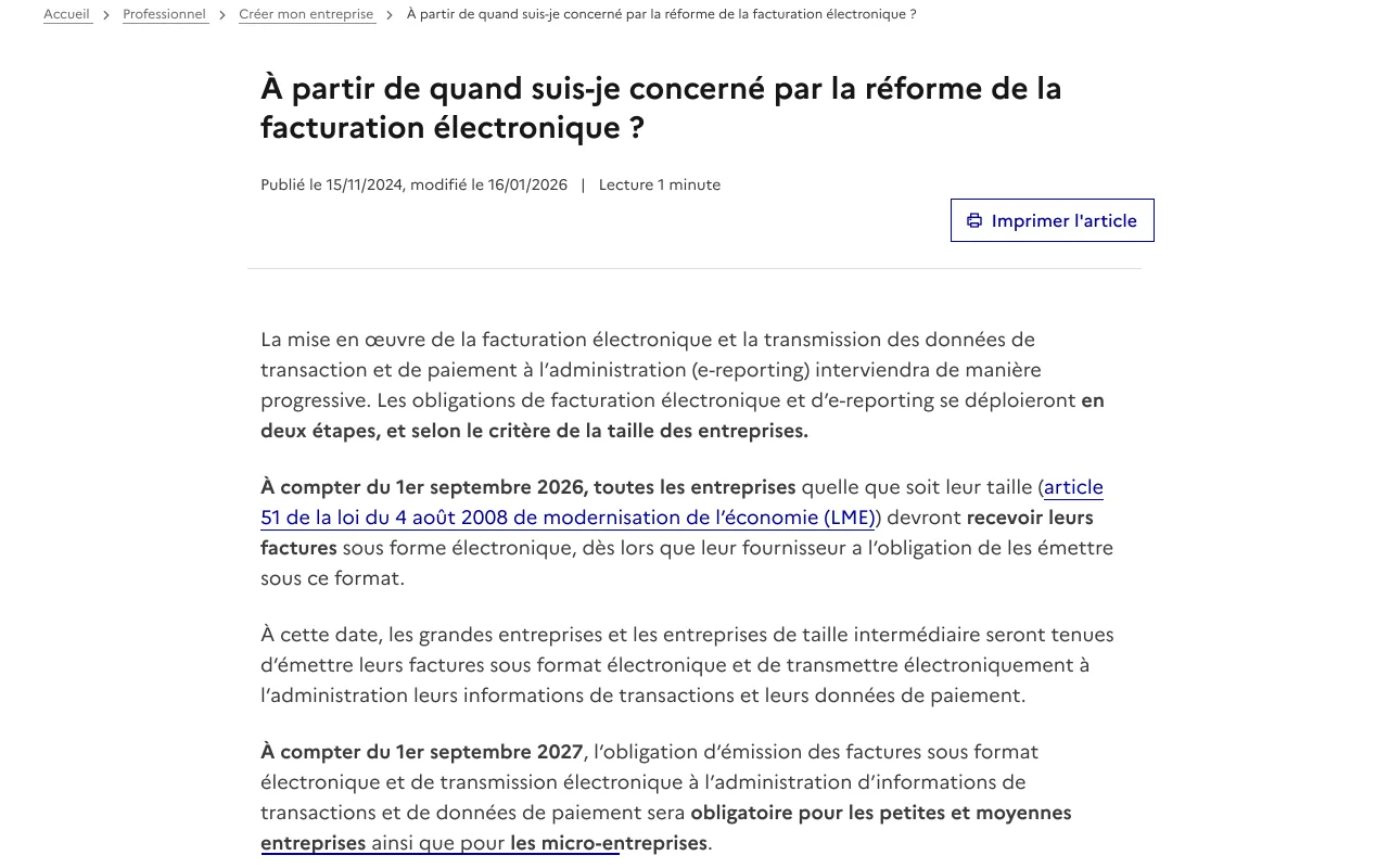 Page impots.gouv.fr « À partir de quand suis-je concerné par la réforme de la facturation électronique ? », modifiée le 16 janvier 2026, capture du 19 octobre 2026
