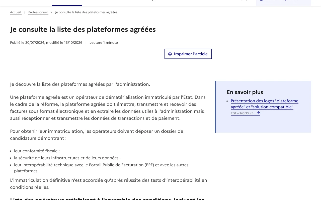 Page impots.gouv.fr de la liste des plateformes agréées, modifiée le 13 octobre 2026, capture du 19 octobre 2026