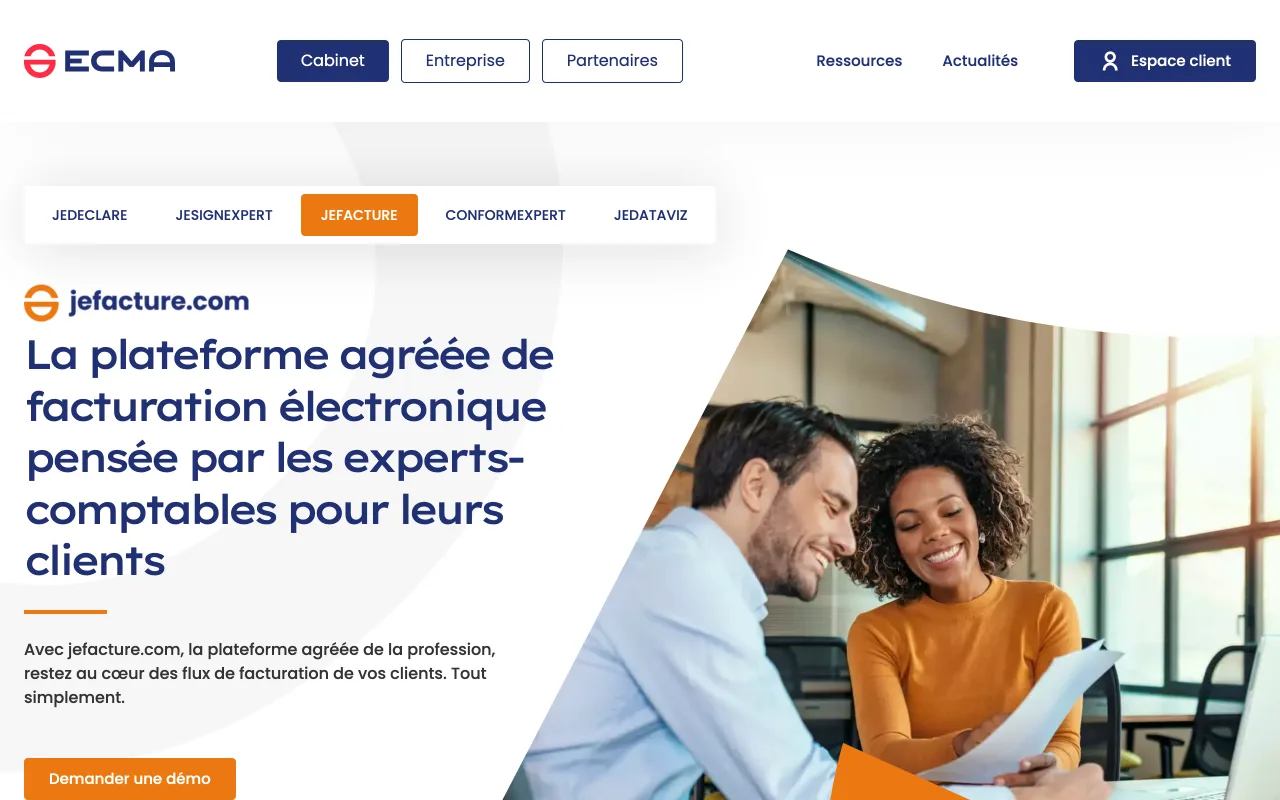 Page de présentation de jefacture.com, plateforme agréée de facturation électronique éditée par ECMA pour les experts-comptables, capture du 19 octobre 2026