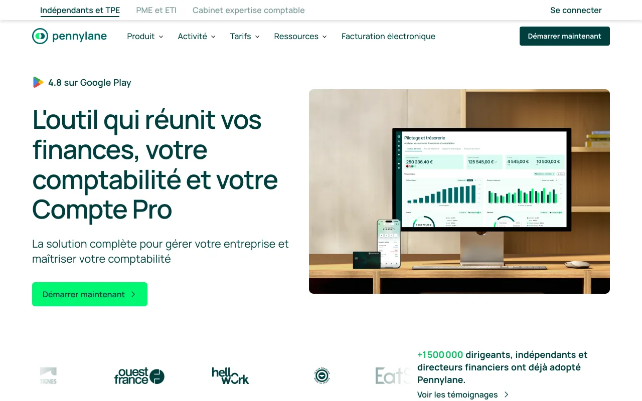 Page d’accueil française de Pennylane, logiciel de comptabilité et de gestion financière, capture du 19 octobre 2026