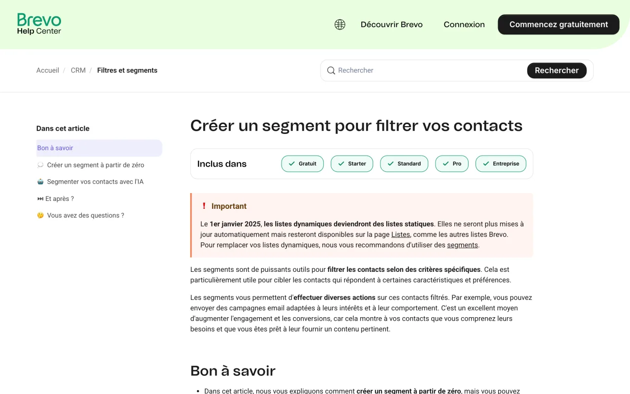 Article d’aide Brevo sur la création d’un segment pour filtrer les contacts, avec les formules qui l’incluent, capture du 19 octobre 2026