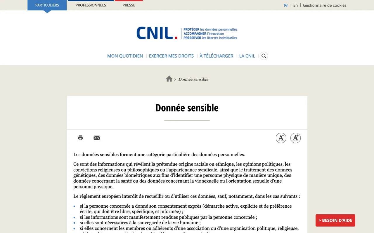 Page de la CNIL définissant les données sensibles au sens du RGPD, capture du 19 octobre 2026