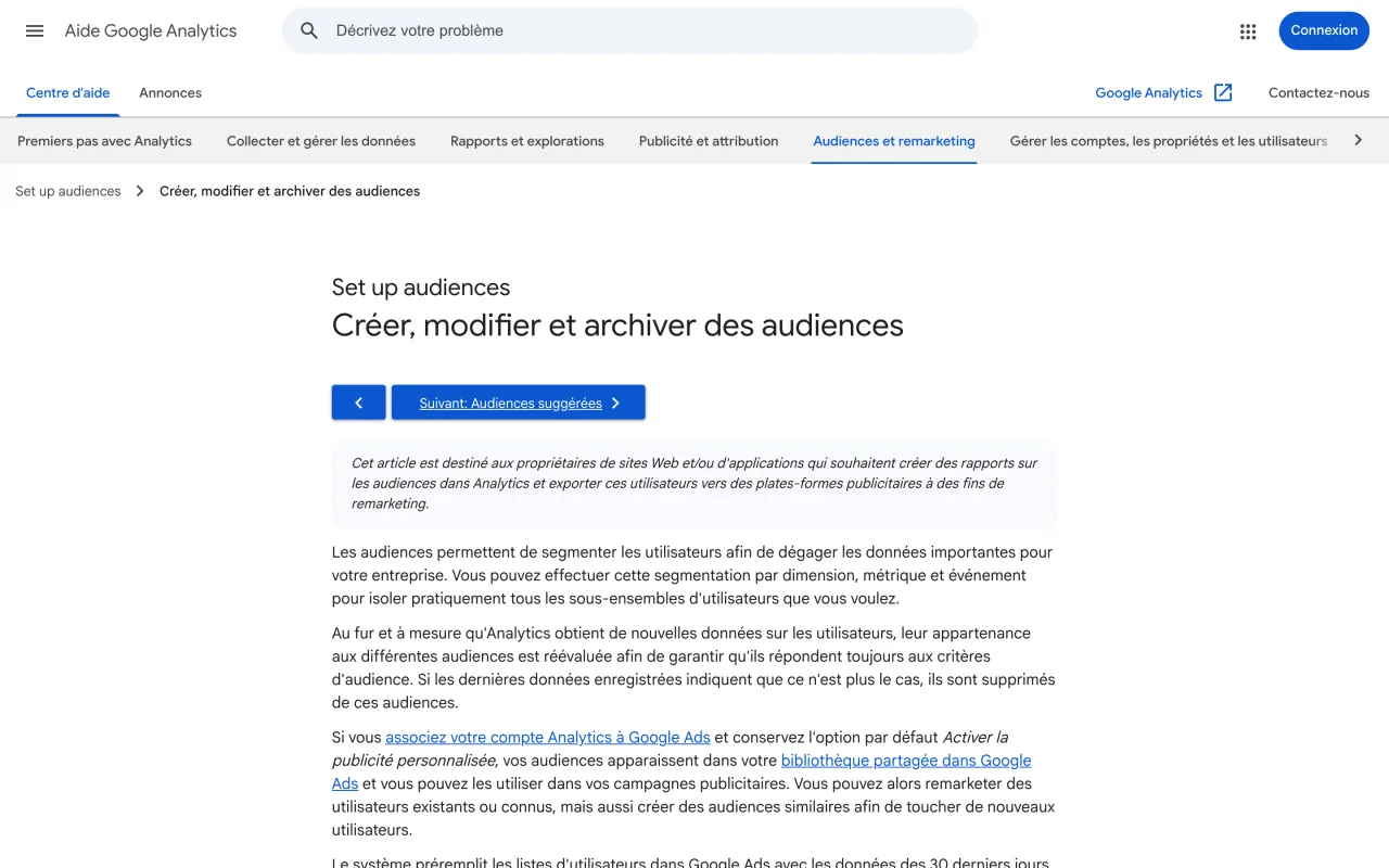 Article d’aide Google Analytics sur la création d’audiences pour segmenter les utilisateurs, capture du 19 octobre 2026