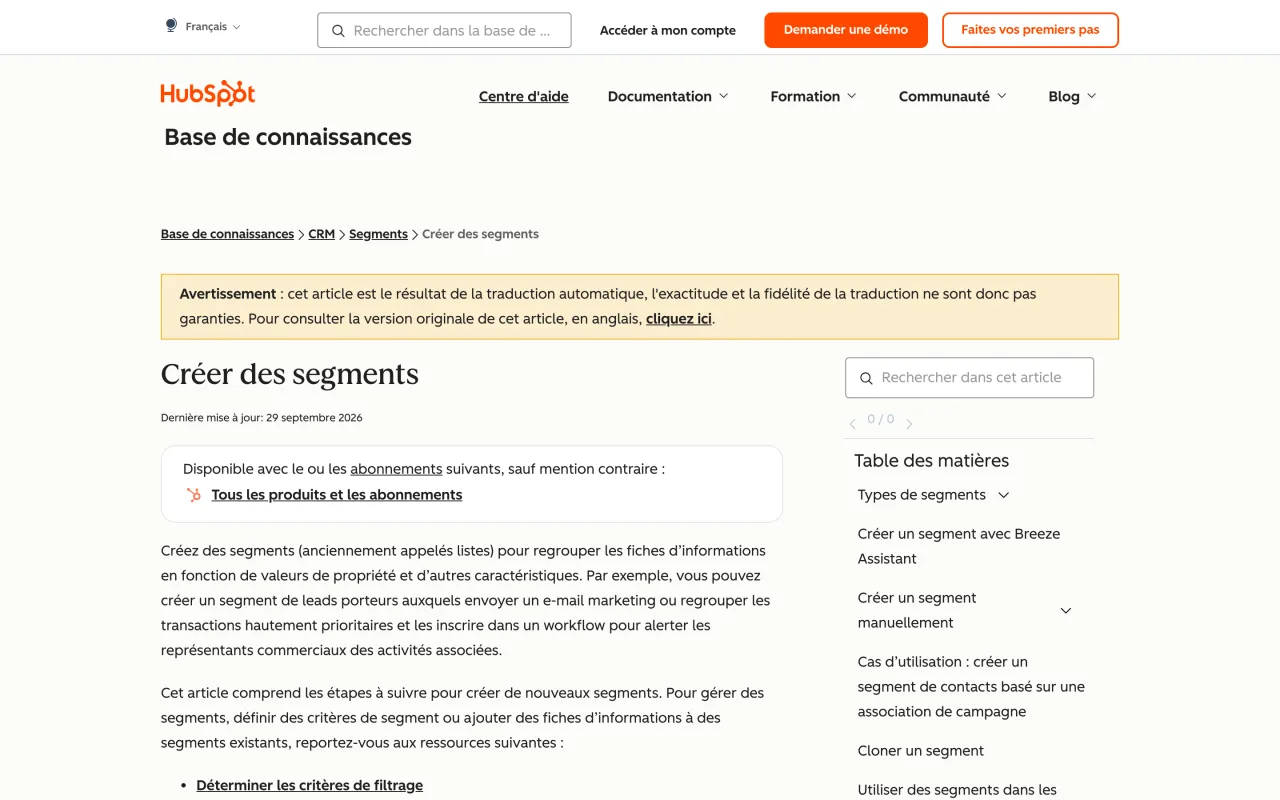 Article d’aide HubSpot expliquant comment créer des segments actifs ou statiques, capture du 19 octobre 2026