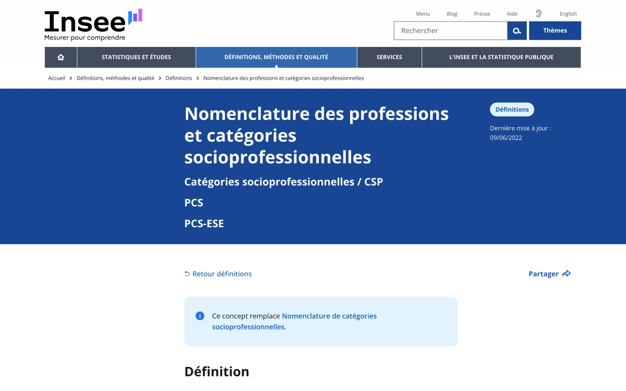 Page de l’Insee définissant la nomenclature des professions et catégories socioprofessionnelles PCS, capture du 19 octobre 2026