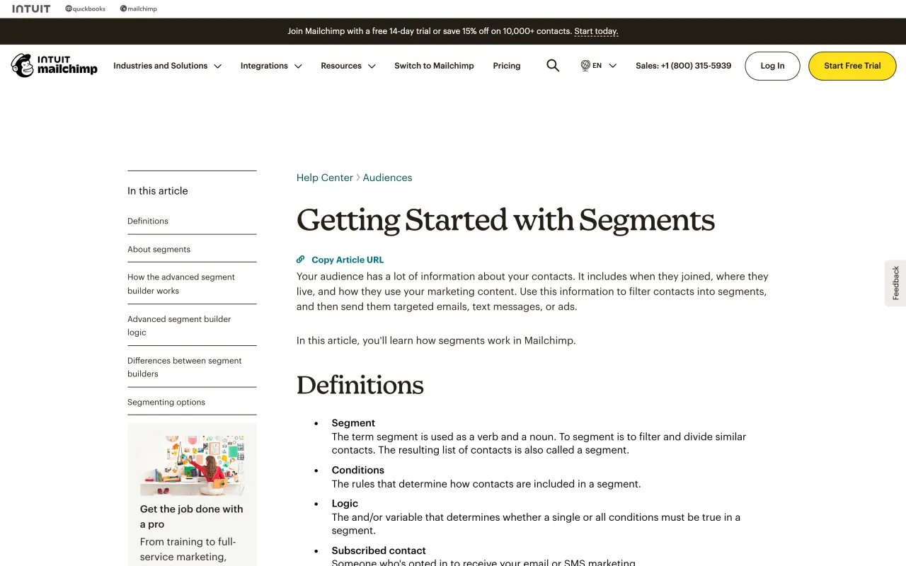 Page d’aide Mailchimp Getting Started with Segments, capture du 19 octobre 2026