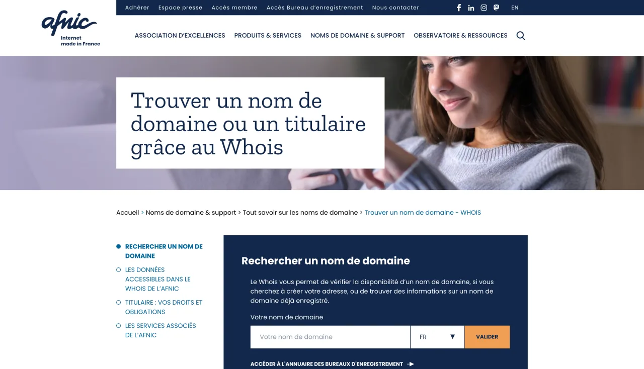 Page Whois de l'Afnic pour vérifier la disponibilité d'un nom de domaine en .fr, capture du 19/10/2026