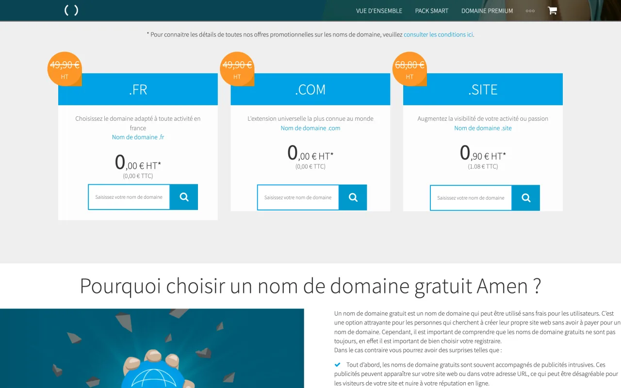 Page Amen nom de domaine gratuit avec le .fr et le .com à 0,00 euro HT la première année, capture du 19/10/2026