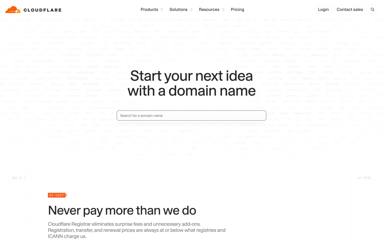 Page Cloudflare Registrar Never pay more than we do, prix coûtant des noms de domaine, capture du 19/10/2026