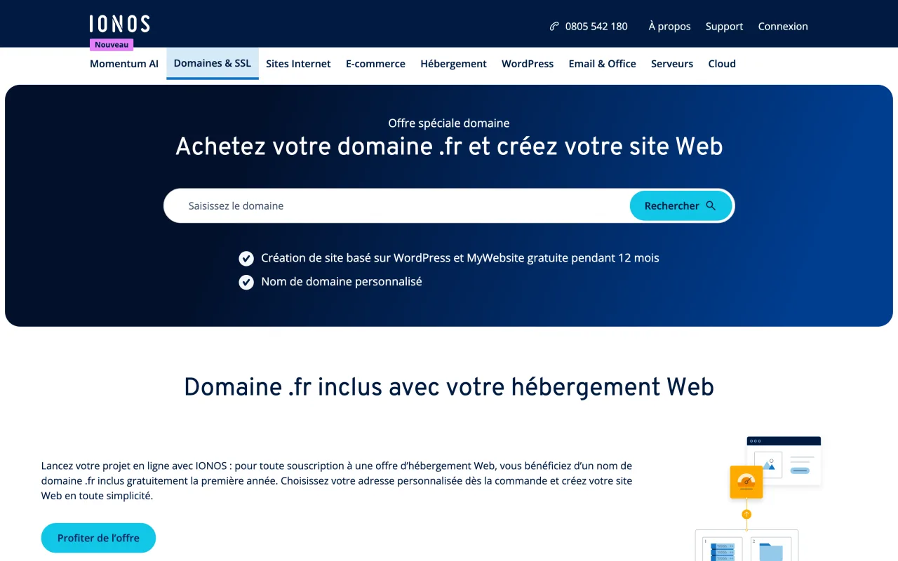 Page IONOS Domaine .fr inclus avec votre hébergement web, capture du 19/10/2026