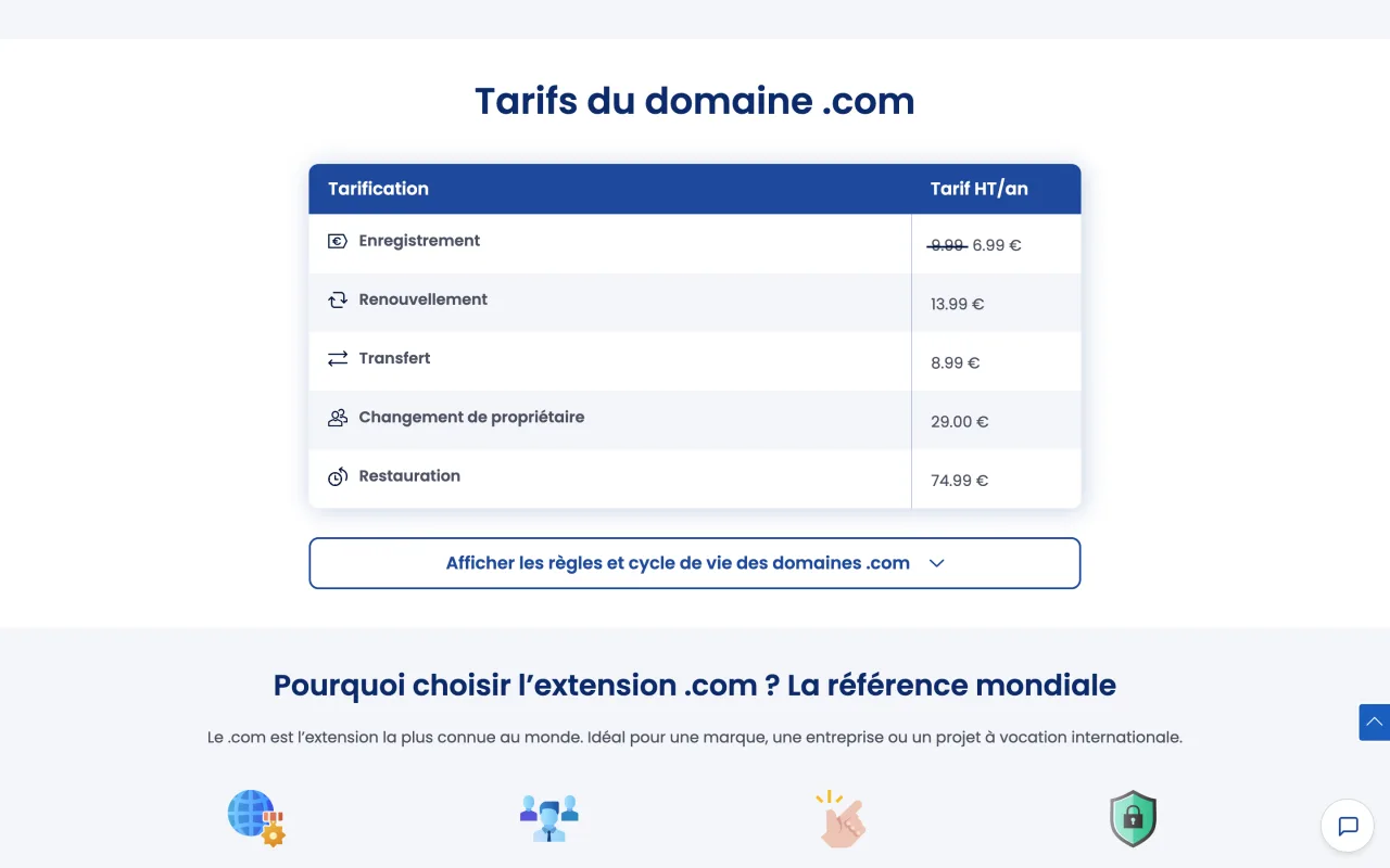 Tableau des tarifs LWS du domaine .com : enregistrement 6,99 euros HT, renouvellement 13,99 euros HT, transfert 8,99 euros HT, capture du 19/10/2026