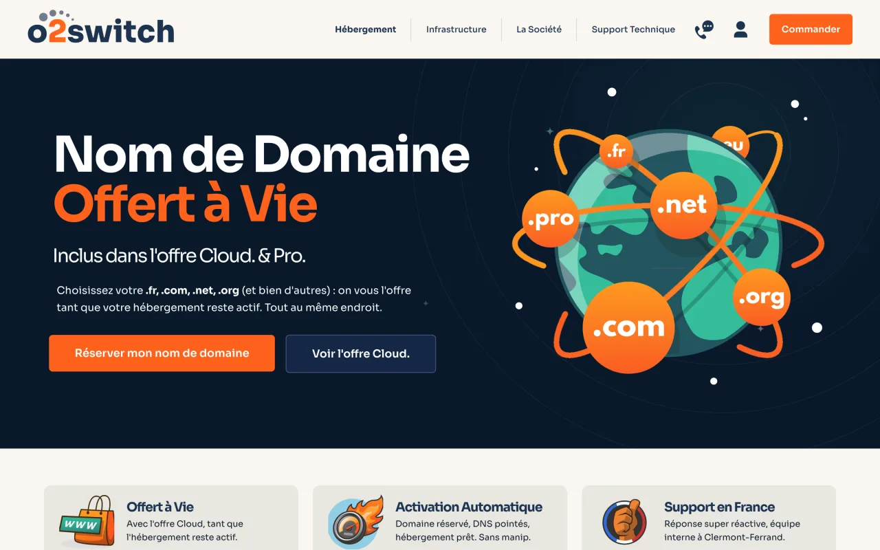 Page o2switch Nom de domaine offert à vie, inclus dans l'offre Cloud et Pro, capture du 19/10/2026