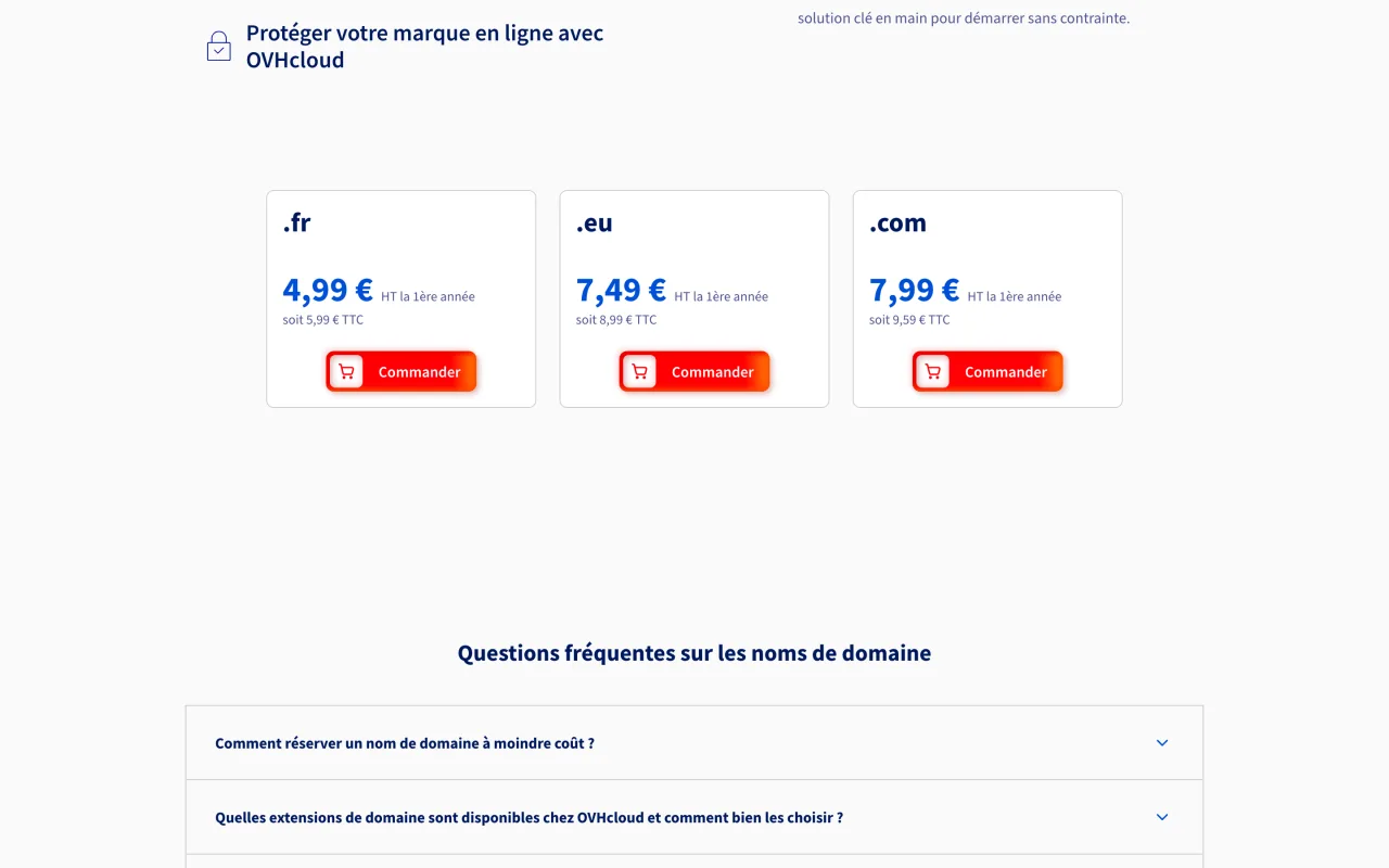 Prix OVHcloud du .fr à 4,99 euros HT, du .eu à 7,49 euros HT et du .com à 7,99 euros HT la première année, capture du 19/10/2026